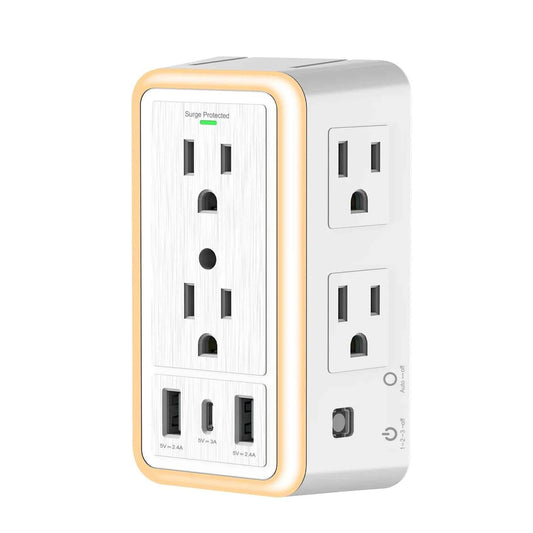 White and gold surge protector outlet hub with multiple power sockets and USB charging ports