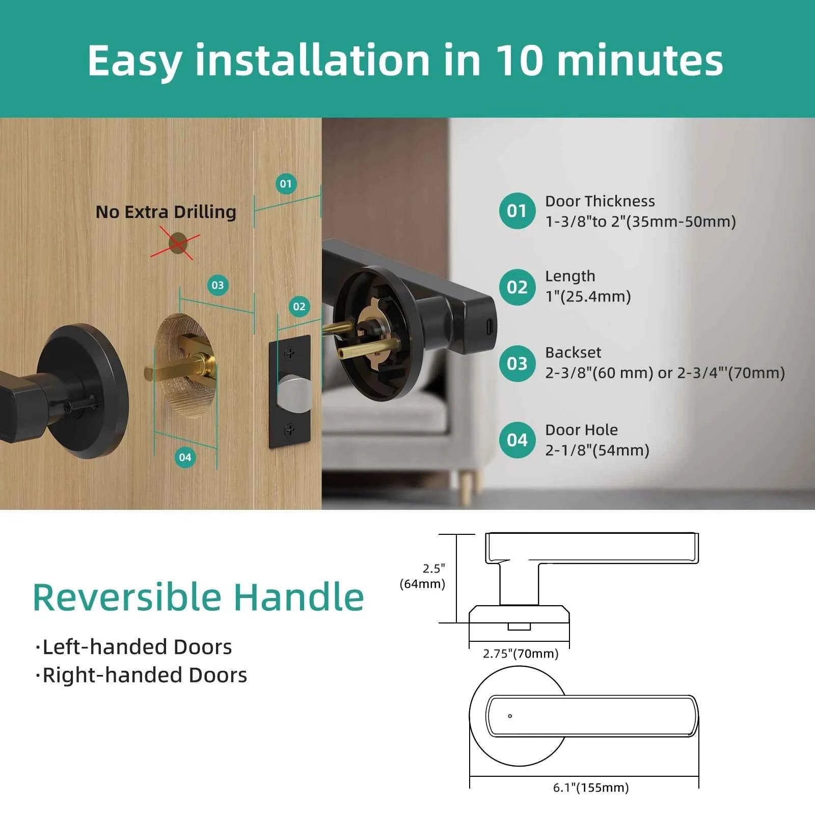 Smart fingerprint door lock installation guide showing reversible handle dimensions and door measurements