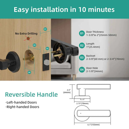 Smart fingerprint door lock installation guide showing reversible handle dimensions and door measurements