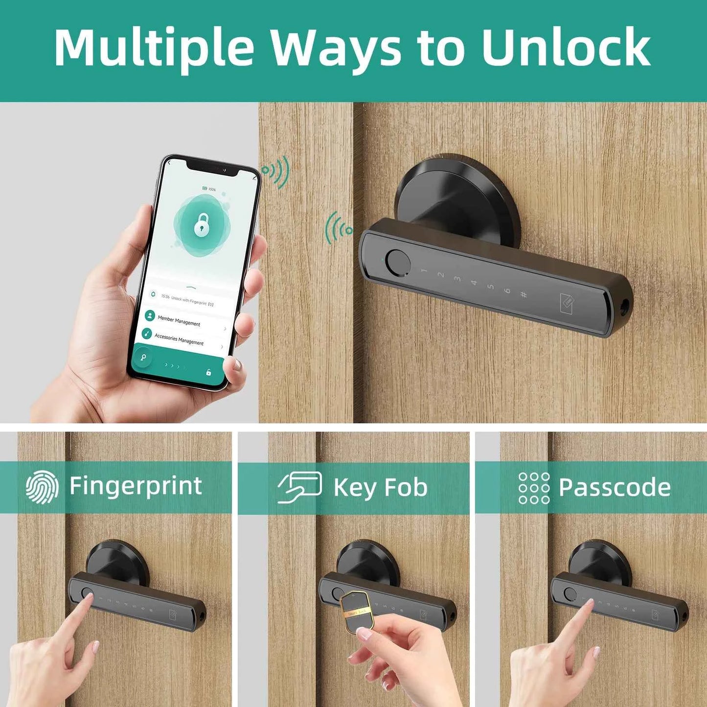 DFShop smart fingerprint door lock with multiple unlocking methods including app control, fingerprint, key fob, and passcode