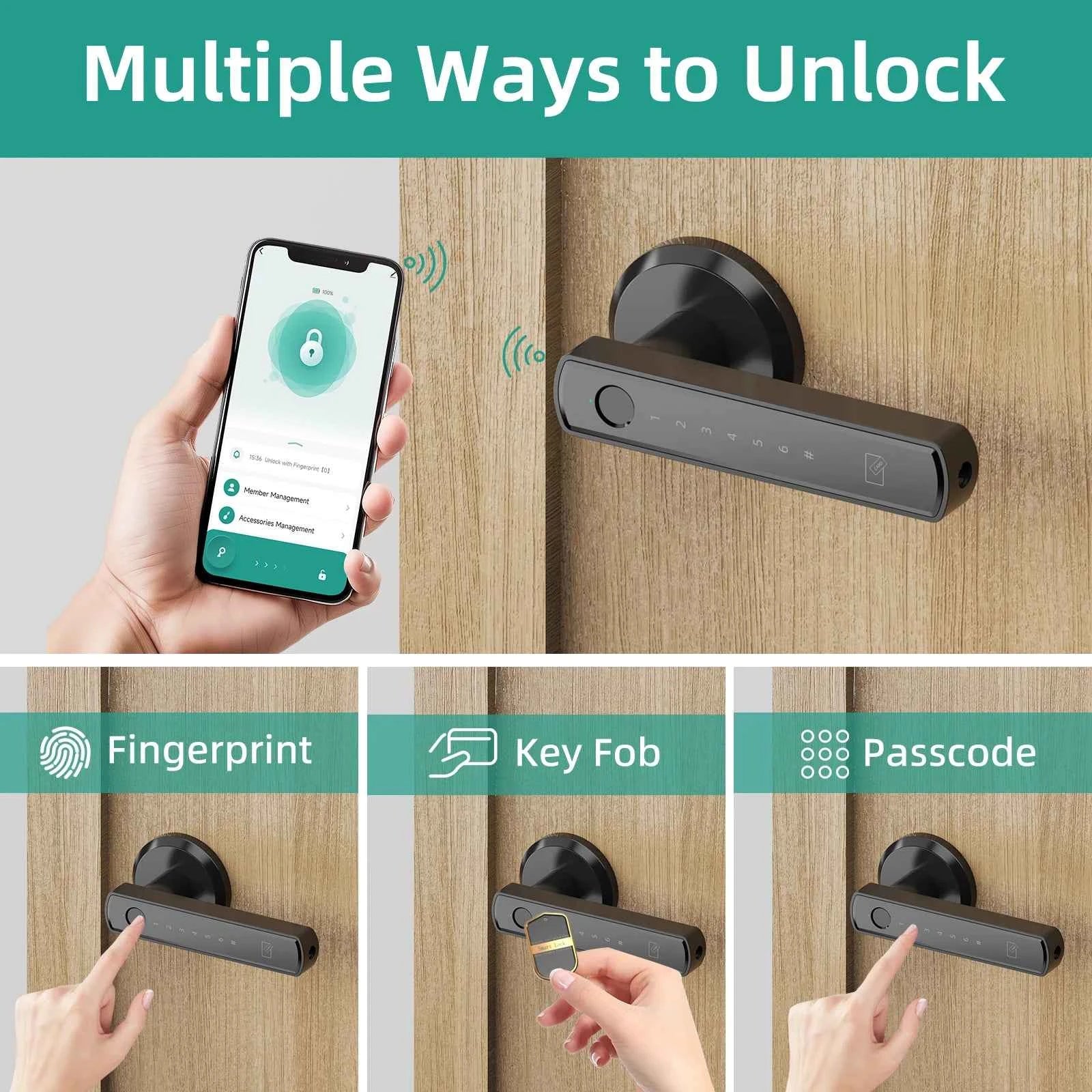 DFShop smart fingerprint door lock with multiple unlocking methods including app control, fingerprint, key fob, and passcode