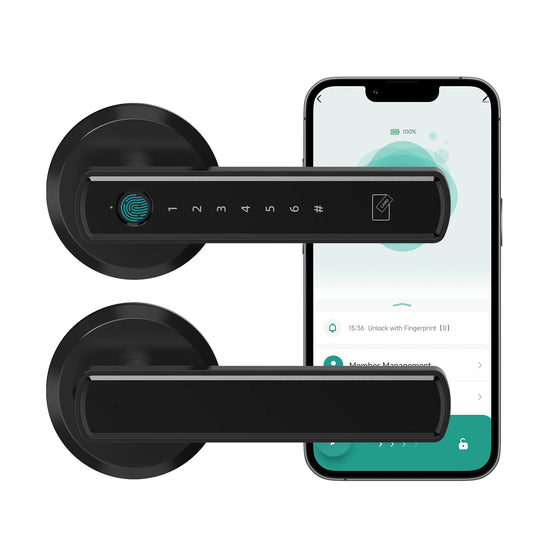 Black smart fingerprint door lock with touchscreen keypad and smartphone app control