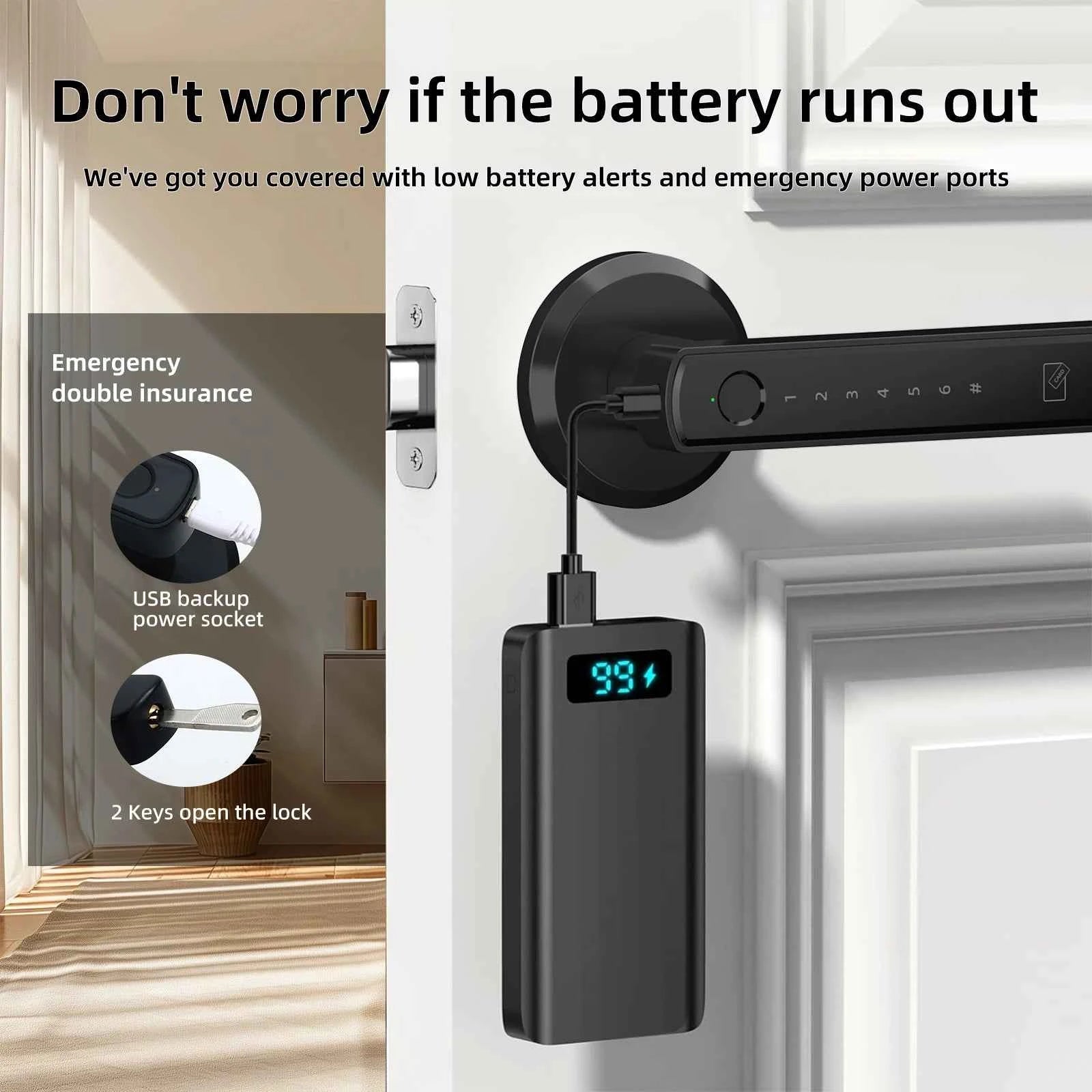 Smart fingerprint door lock with USB backup power socket and emergency key access on white door