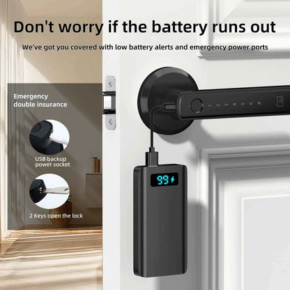 Smart fingerprint door lock with USB backup power socket and emergency key access on white door
