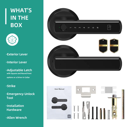 Smart fingerprint door lock kit by DFShop showing exterior and interior levers with installation hardware and user manual