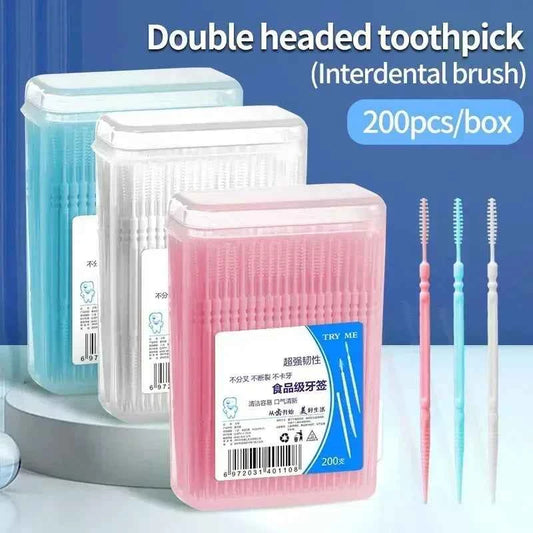 Ultra fine family toothpick box with 200 double headed interdental brushes in pink, white, and blue colors