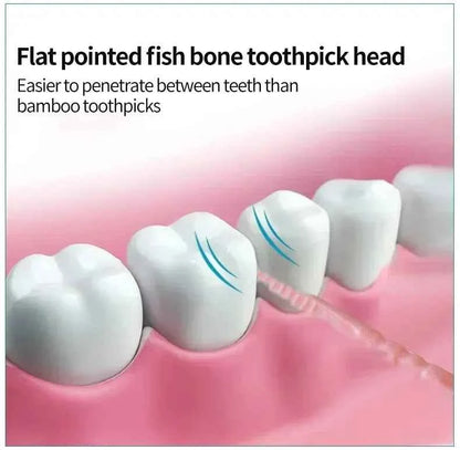 Illustration showing flat pointed fish bone toothpick head easier to penetrate teeth using ultra fine family toothpick box
