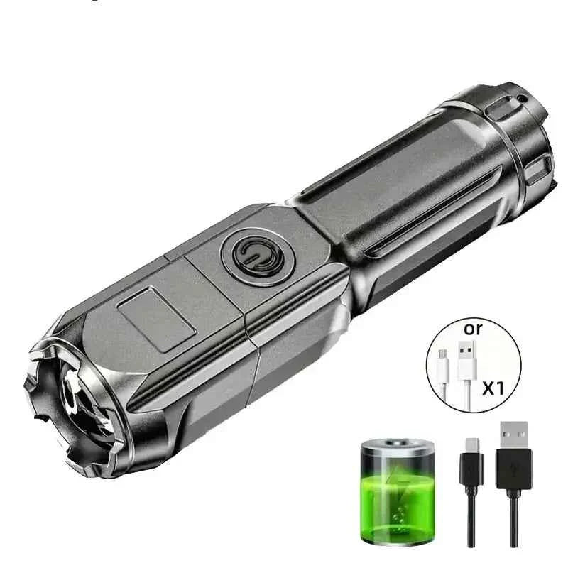 USB rechargeable tactical flashlight in black with USB charging cable and battery icon from DFShop