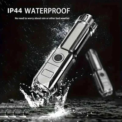 USB rechargeable tactical flashlight by DFShop shown waterproof with water splashes and rain droplets