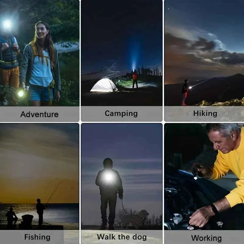 USB rechargeable tactical flashlight used in various outdoor activities like adventure camping hiking fishing walking the dog and working