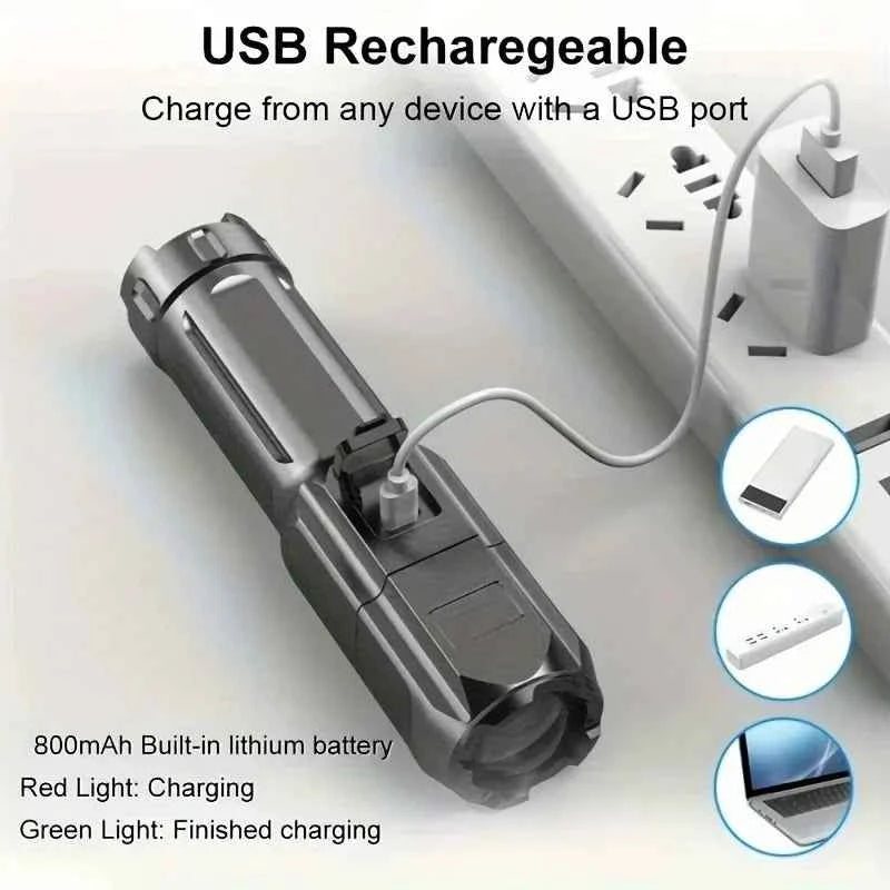 USB rechargeable tactical flashlight with built-in lithium battery charging from USB port