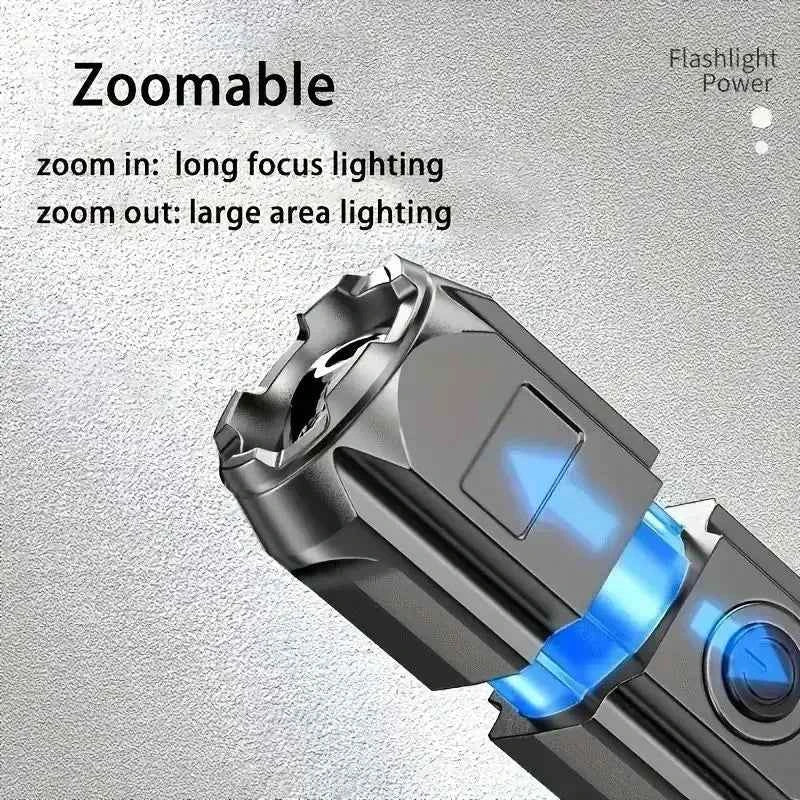 USB rechargeable tactical flashlight with zoomable focus for long-distance and large area lighting