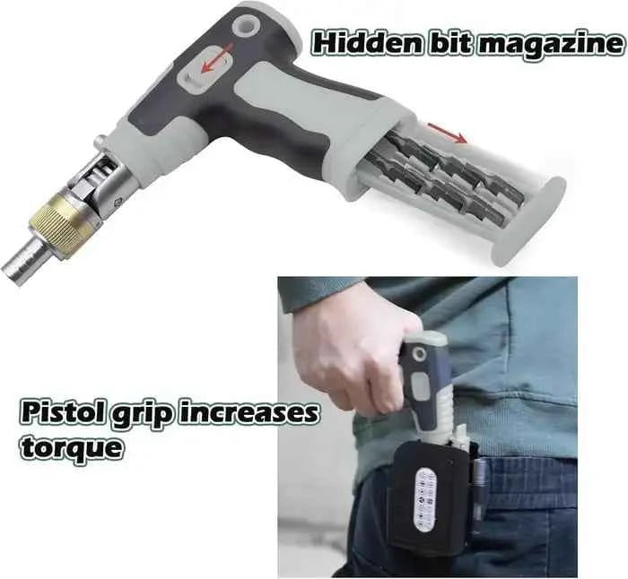 16 in 1 multi tool screwdriver with pistol grip and hidden bit magazine for increased torque and convenient storage