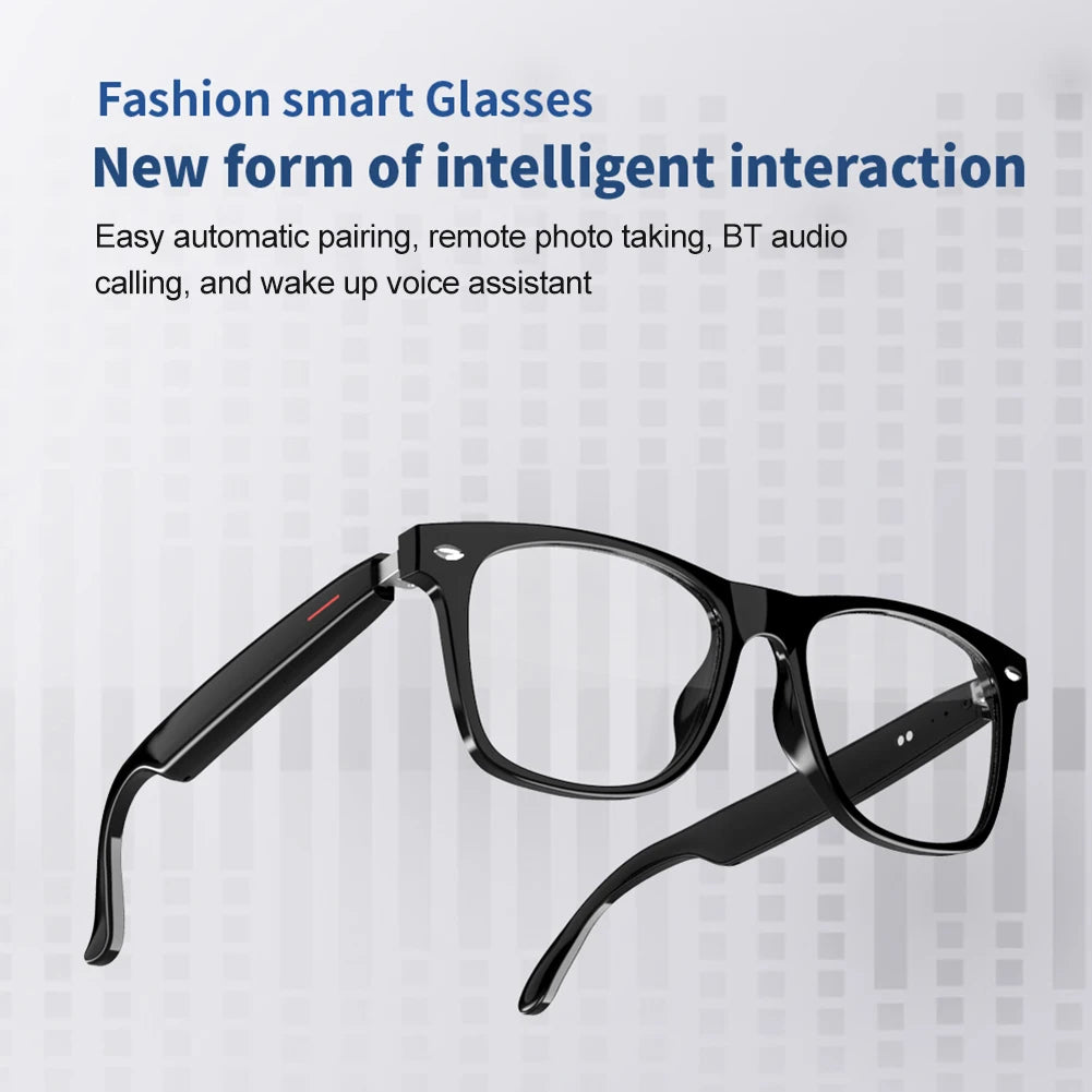 Black AI smart glasses with speakers featuring Bluetooth audio calling and voice assistant