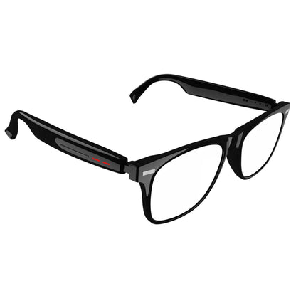 Black AI smart glasses with speakers featuring a modern rectangular frame and integrated audio controls