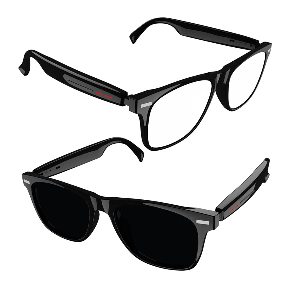 DFShop black AI smart glasses with speakers featuring clear and dark lenses in modern frame design
