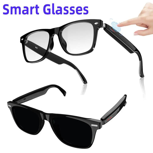 AI smart glasses with speakers in black featuring touch control on the temple and dual lens options