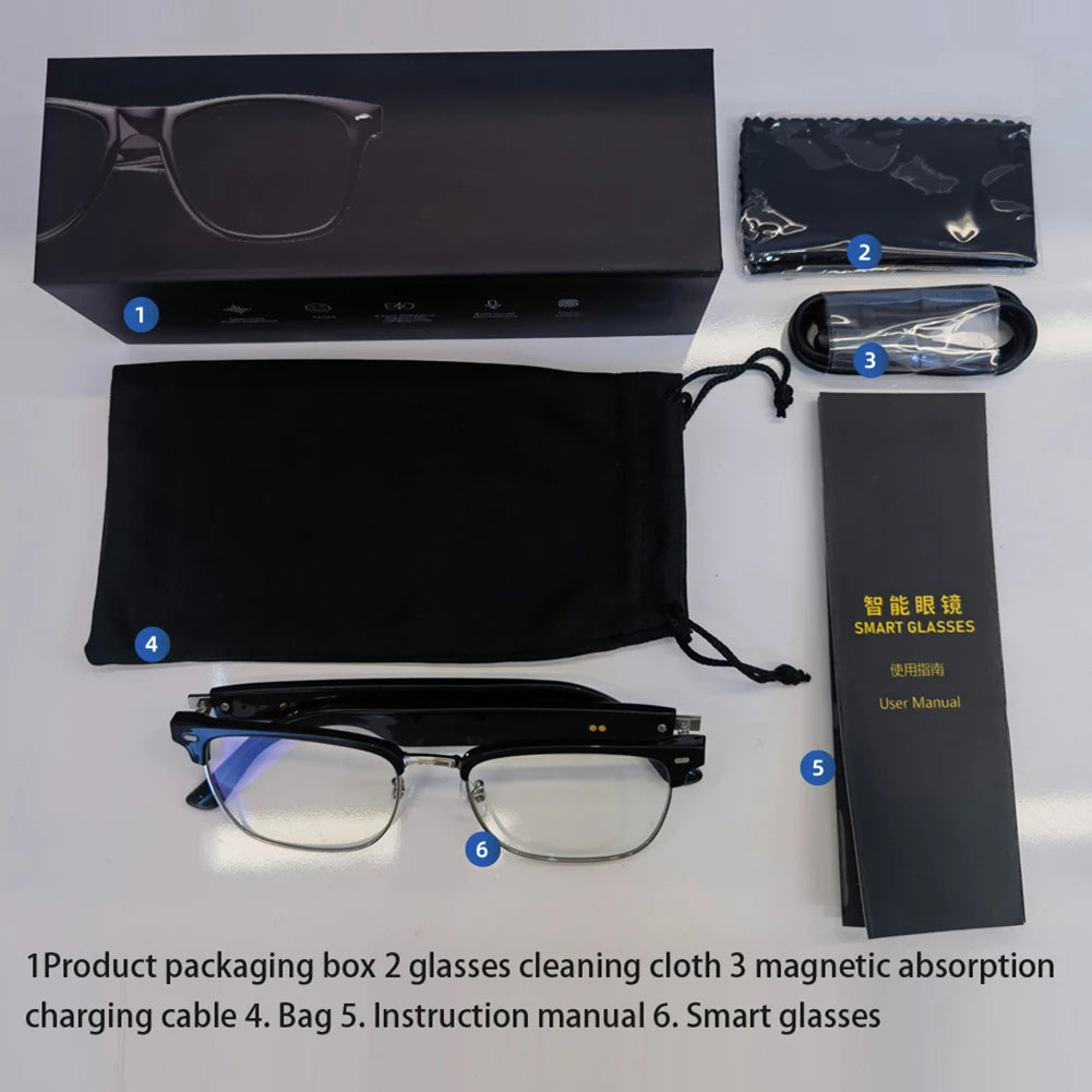 AI smart glasses with speakers package including glasses, cleaning cloth, magnetic charging cable, pouch, and user manual