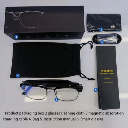 AI smart glasses with speakers package including glasses, cleaning cloth, magnetic charging cable, pouch, and user manual