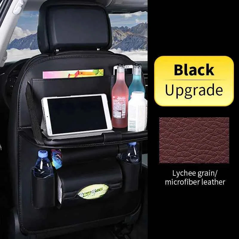 DFShop black upgrade car back seat organizer with lychee grain microfiber leather holding tablet drinks and tissues