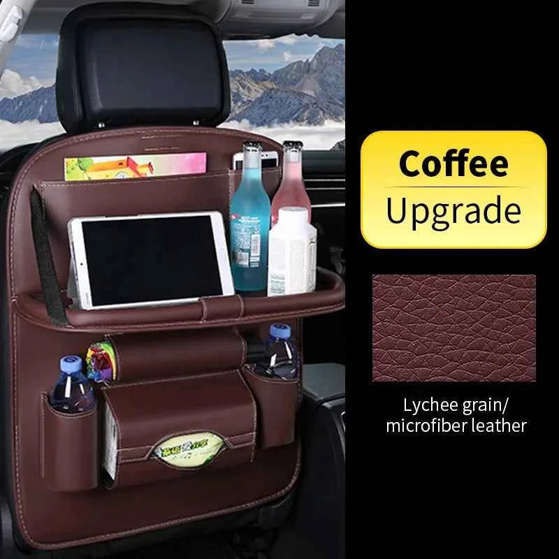 DFShop car back seat organizer in coffee lychee grain microfiber leather with multiple pockets and drink holders