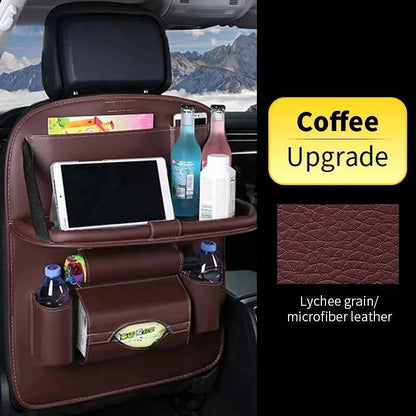 DFShop car back seat organizer in coffee lychee grain microfiber leather with multiple pockets and drink holders