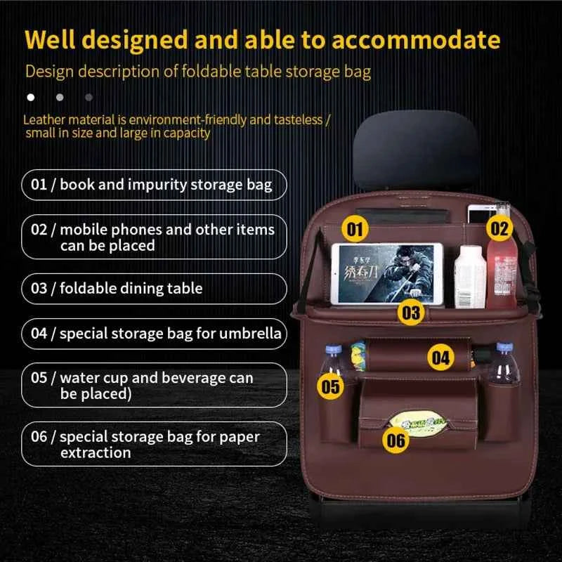 Leather car back seat organizer with foldable table and multiple storage pockets for books phones and beverages