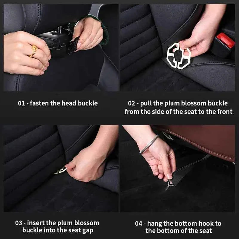 Step-by-step installation of car back seat organizer showing fastening head buckle and securing hooks