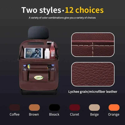 Car back seat organizer in brown lychee grain microfiber leather with multiple pockets for storage