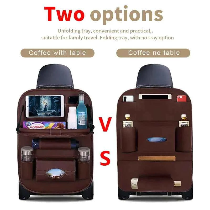 DFShop brown car back seat organizer with two options featuring foldable tray and multiple storage pockets