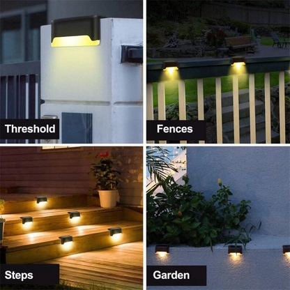 DFShop cordless solar wall lights illuminating threshold, fences, steps, and garden areas at night