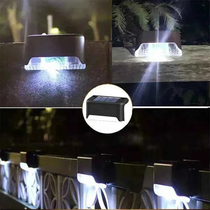 Cordless solar wall lights mounted on outdoor fences illuminating walkways at night