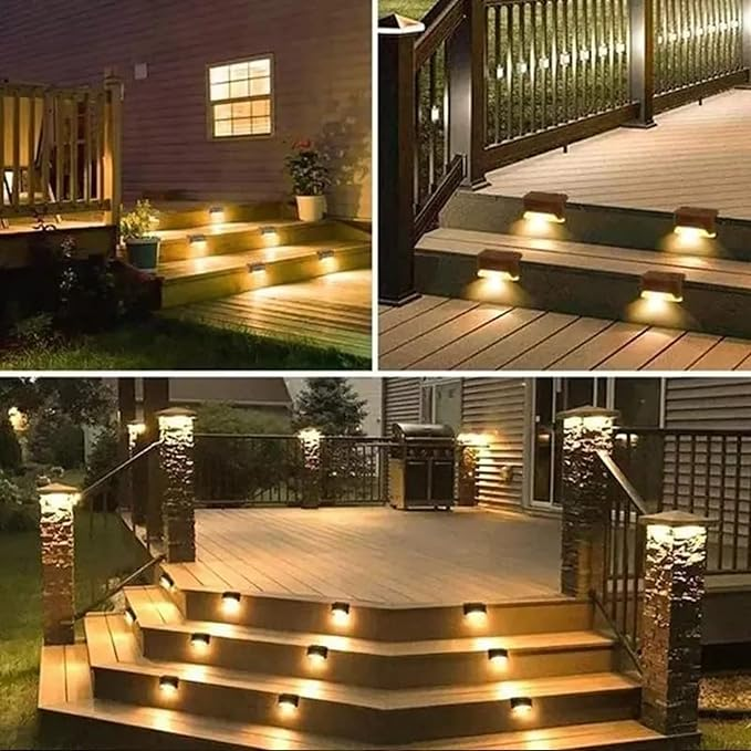 Outdoor cordless solar wall lights illuminating wooden stairs and deck railings for safe nighttime use