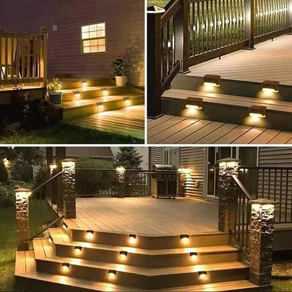 Outdoor cordless solar wall lights illuminating wooden stairs and deck railings for safe nighttime use
