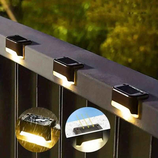 DFShop cordless solar wall lights installed on outdoor railing with waterproof feature and solar panel