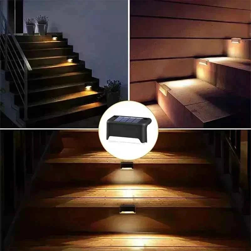 DFShop cordless solar wall lights illuminating outdoor stairs with warm white light at night