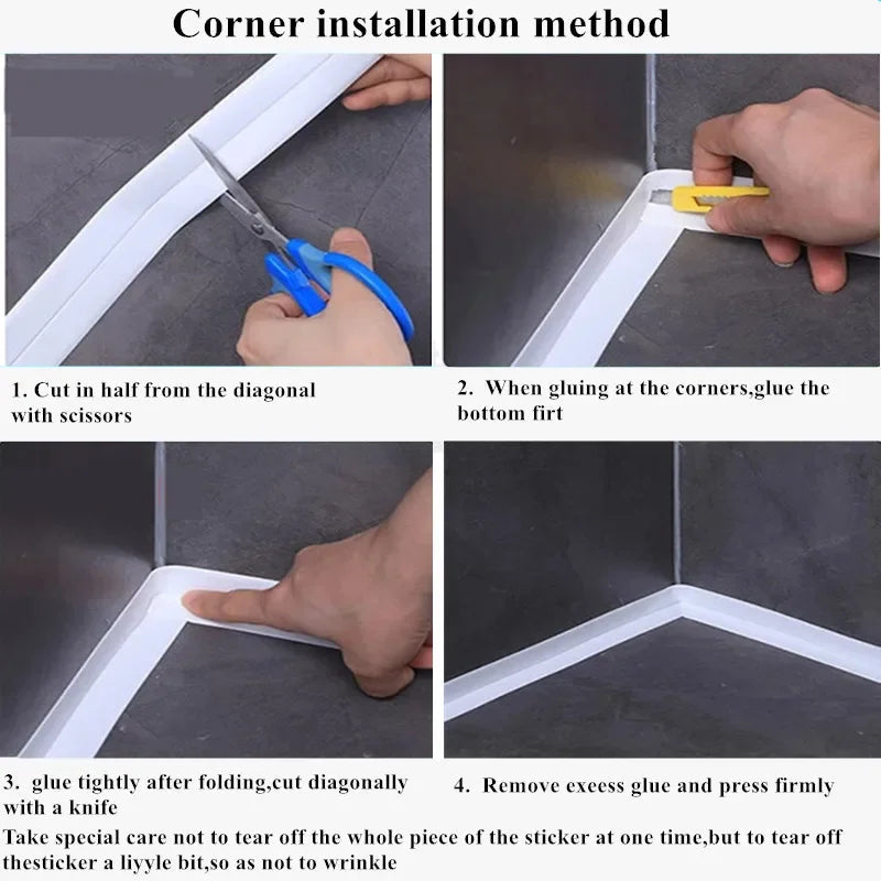 Step-by-step corner installation of waterproof wall seal strip using scissors, glue, and knife for a tight seal