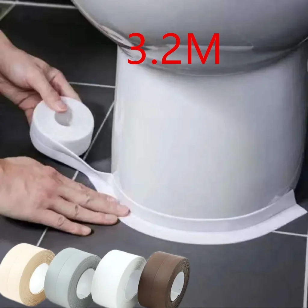 Waterproof wall seal strip being applied around toilet base with four color options and 3.2M length