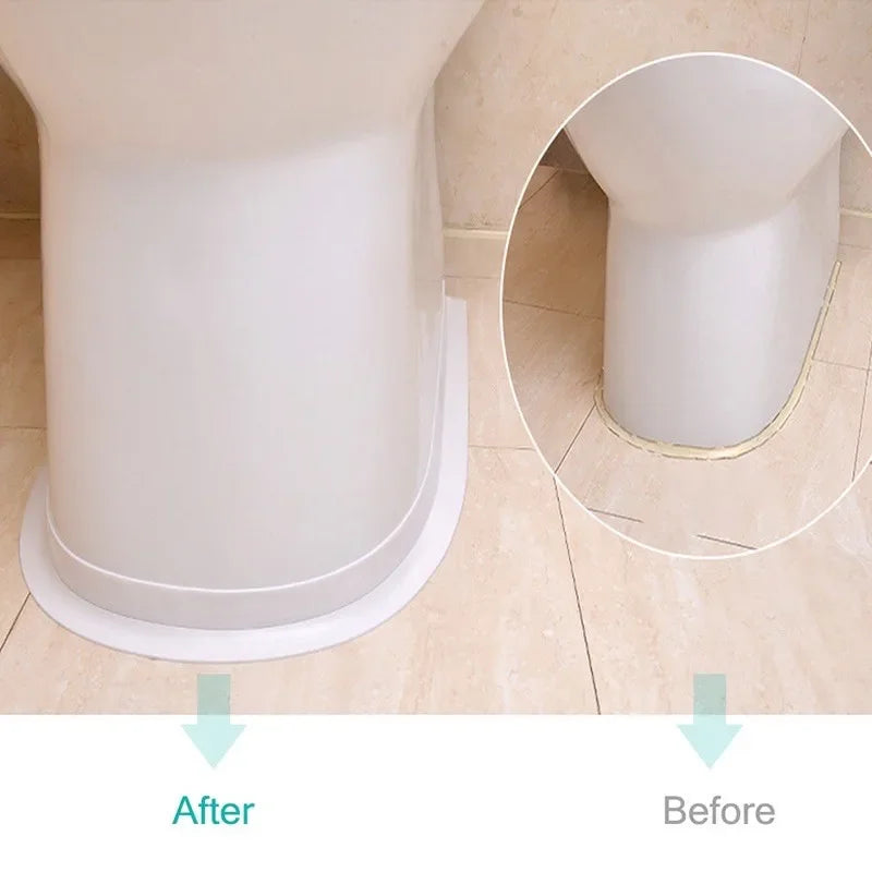 Waterproof wall seal strip installed at the base of a bathroom fixture showing before and after sealing