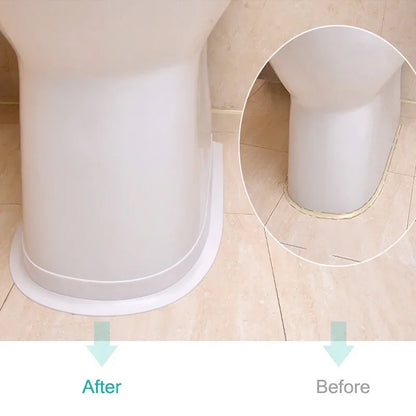 Waterproof wall seal strip installed at the base of a bathroom fixture showing before and after sealing