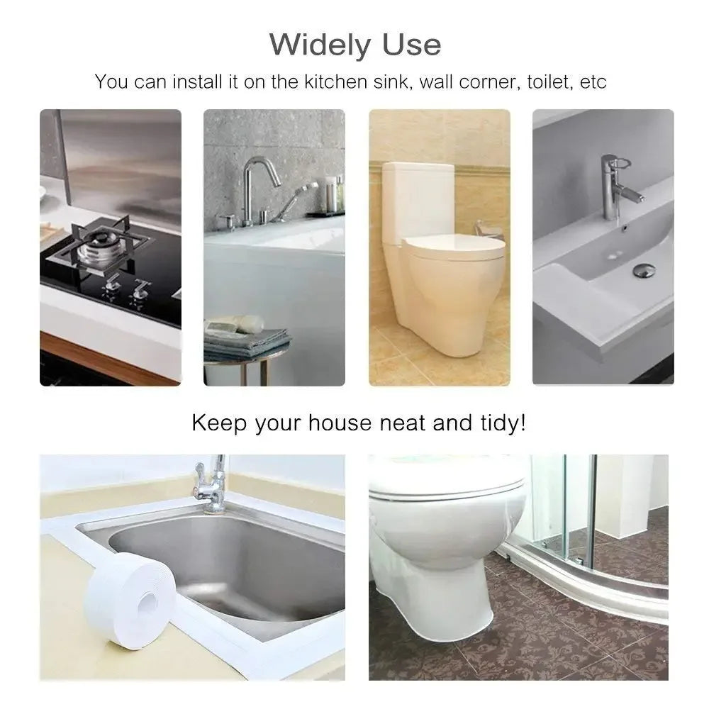 Waterproof wall seal strip installed around kitchen sink, bathroom sink, toilet, and shower edges for neat and tidy home