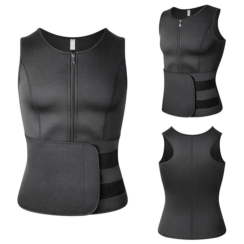 Black men's slimming waist trainer vest with front zipper and adjustable waist strap