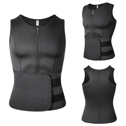 Black men's slimming waist trainer vest with front zipper and adjustable waist strap