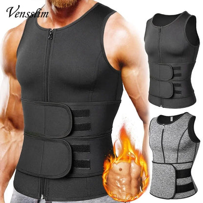 Men's slimming waist trainer vest with double adjustable belts and front zipper in black and gray