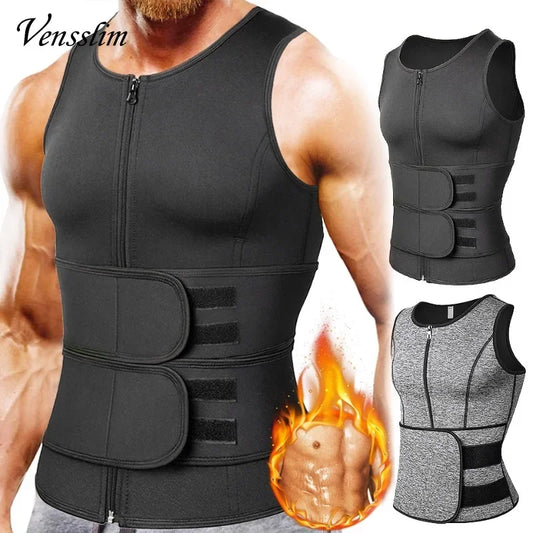 Men's slimming waist trainer vest with double adjustable belts and front zipper in black and gray
