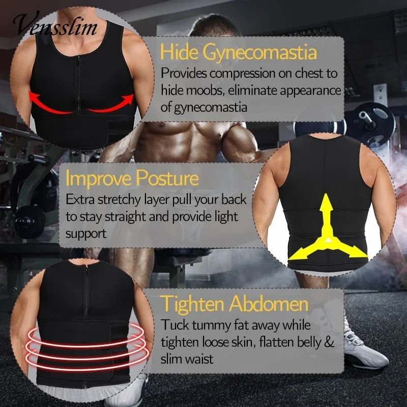 Men wearing men's slimming waist trainer vest by DFShop designed to hide gynecomastia, improve posture, and tighten abdomen
