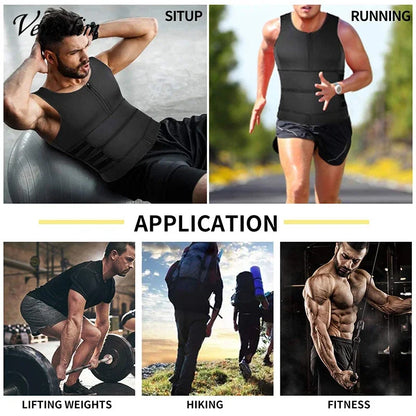 Men wearing men's slimming waist trainer vest during situps running lifting weights hiking and fitness workouts
