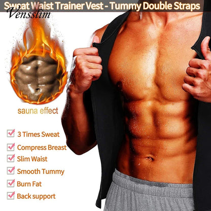 Men's slimming waist trainer vest showing muscular torso with sweat and sauna effect for fat burn and slim waist