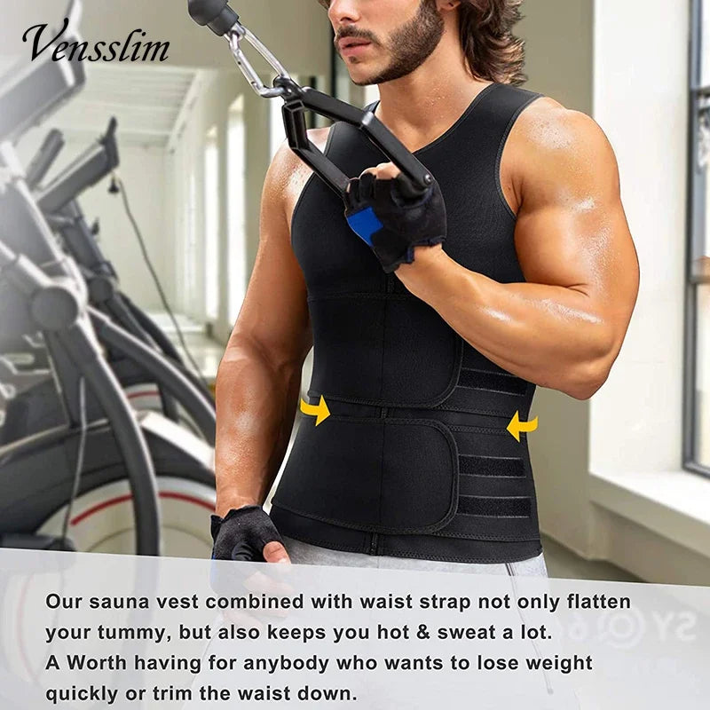 Men wearing black men's slimming waist trainer vest working out in gym with resistance cable