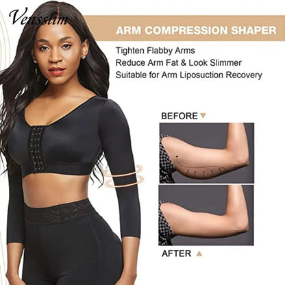 Women's arm shaper long sleeves in black for arm compression and slimming with before and after results
